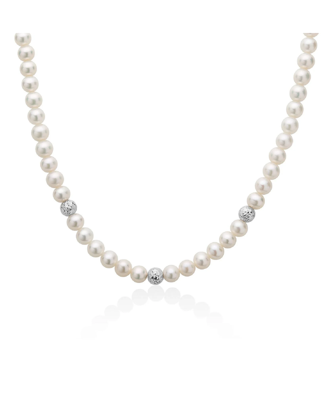 Miluna Collana Filo di Perle con Boule in Oro Bianco Fantasia