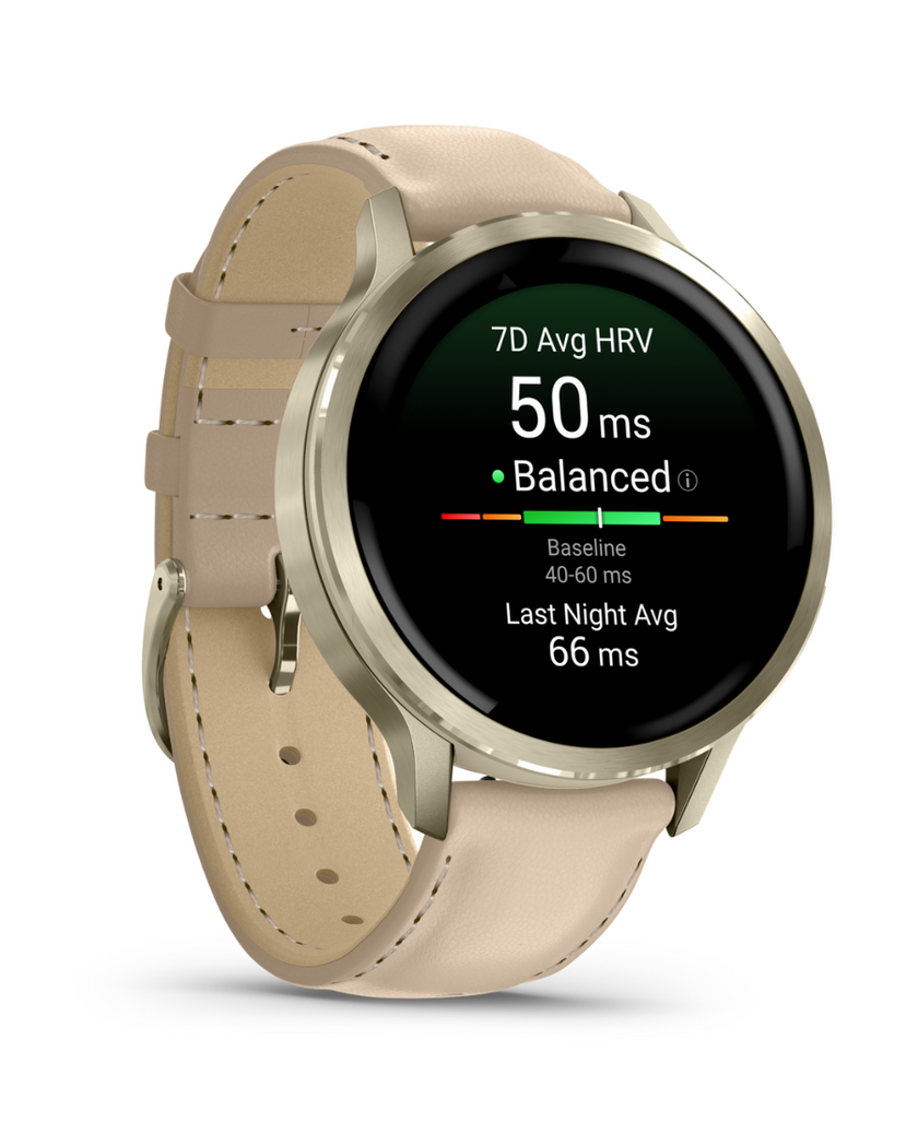 Garmin Venu® 4 - 41 mm, con cinturino in pelle Beige Chiaro