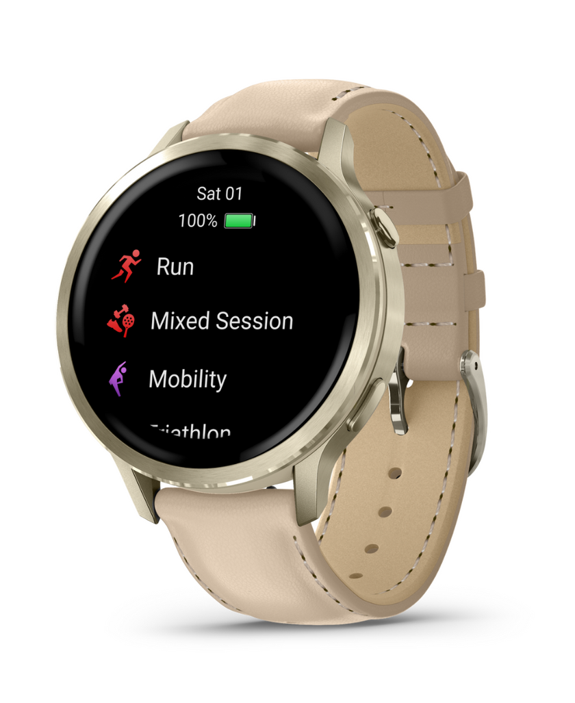 Garmin Venu® 4 - 41 mm, con cinturino in pelle Beige Chiaro