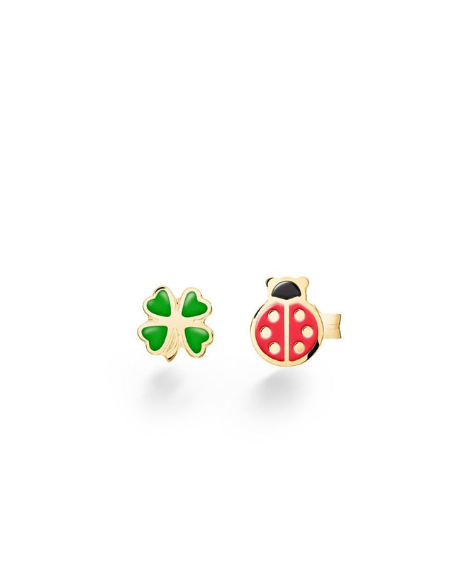 LeBebé Orecchini Toys in oro giallo con coccinella e quadrifoglio