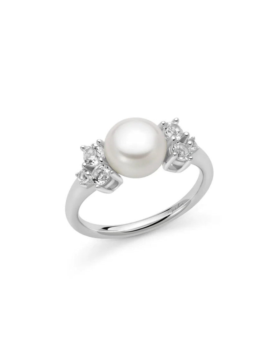 Miluna Anello in Argento con Perla e Topazi Bianchi